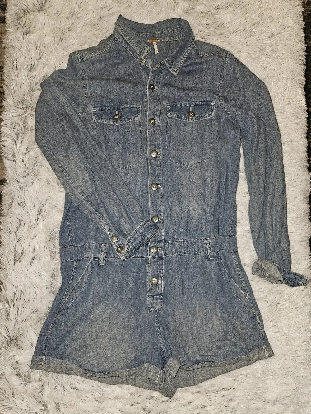 Free People Denim Button Front Romper Size Small Belt Loops Long Sleeve Chambray